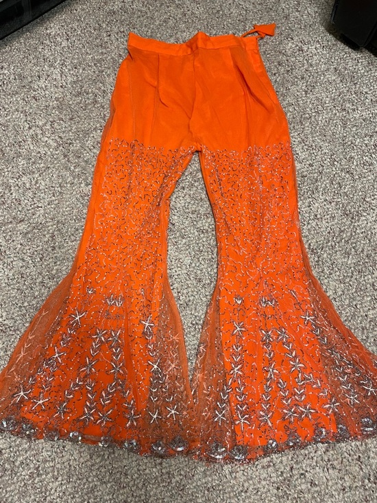 Vintage Pants - Vintage beaded sequinned super bell bottom Embellished Orange mesh Pants